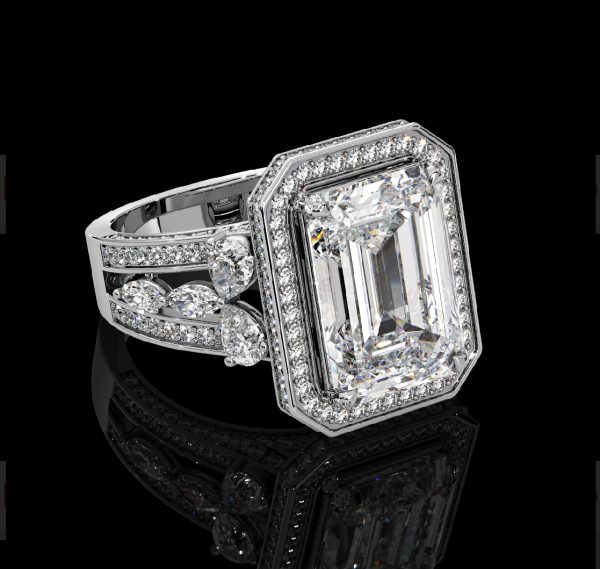 9 carat Emerald cut Diamond Ring with Halo