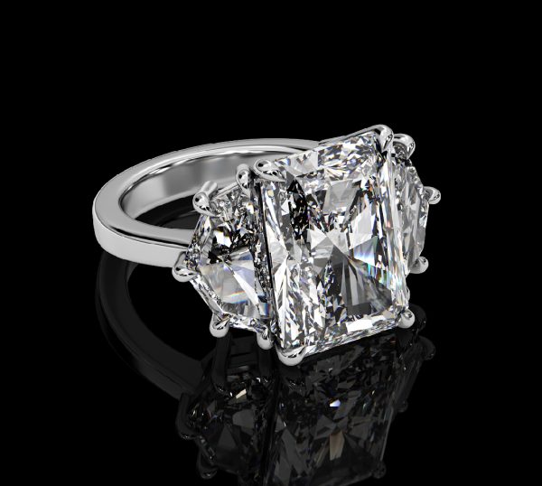 6 carat Three Stone Radiant cut Diamond Ring w/ Cadillac Side Stones