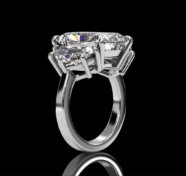 6 carat Three Stone Radiant cut Diamond Ring w/ Cadillac Side Stones - Image 3
