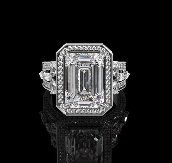 9 carat Emerald cut Diamond Ring with Halo - Image 2