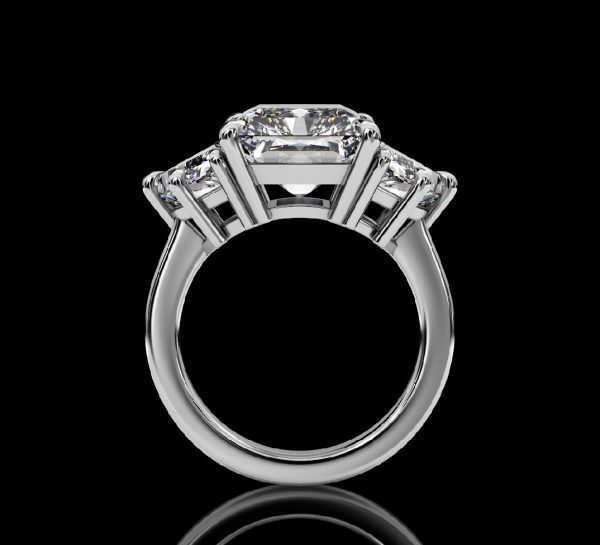 6 carat Three Stone Radiant cut Diamond Ring w/ Cadillac Side Stones - Image 2